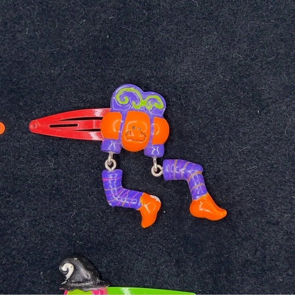 Vintage Set Of 4 Halloween 90s Era Hair Clips Orange Purple Ghost Witch Goth